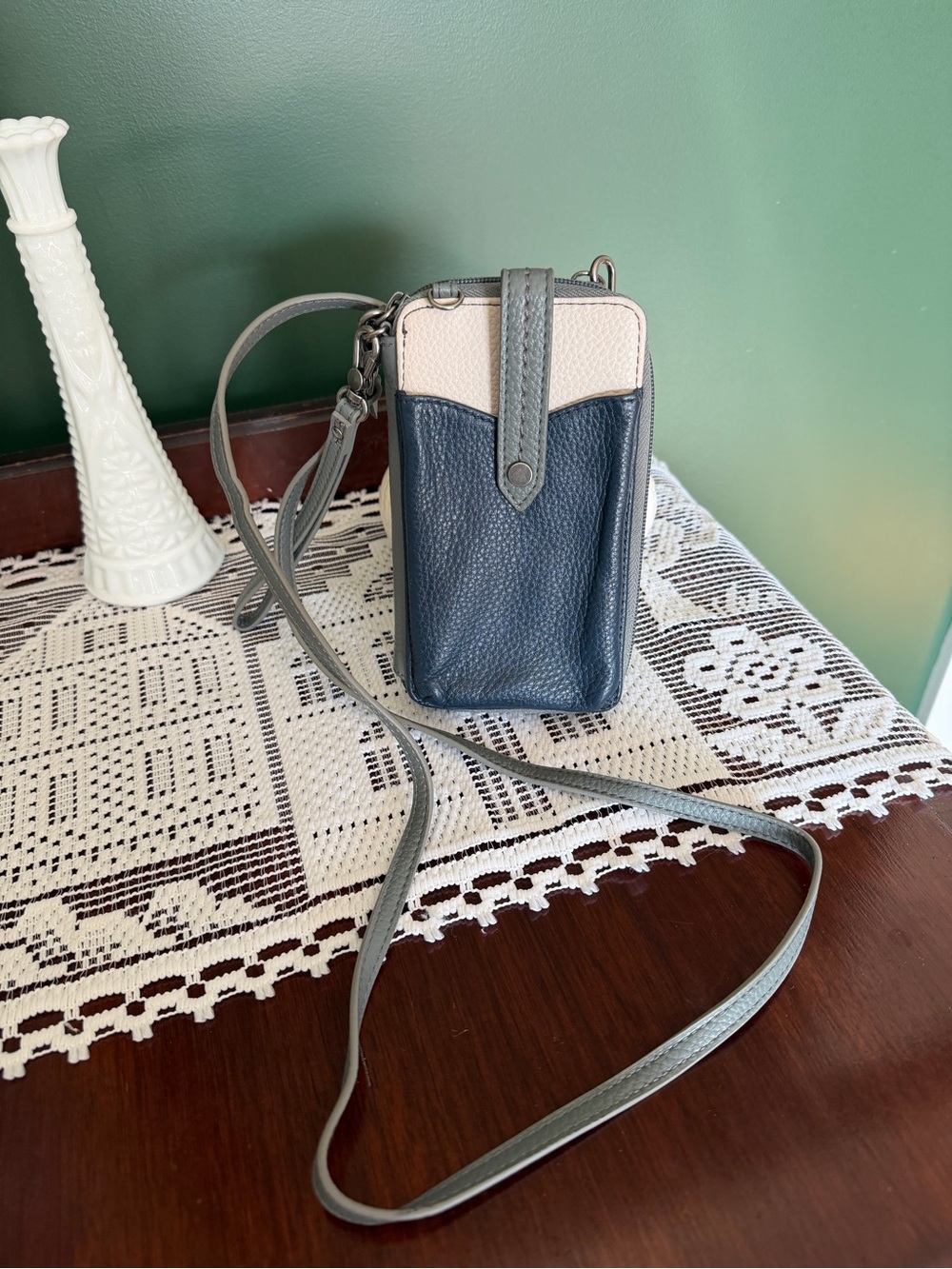 The Sak Navy, Gray and Cream Pebbled Leather Crossbody Wallet Bag